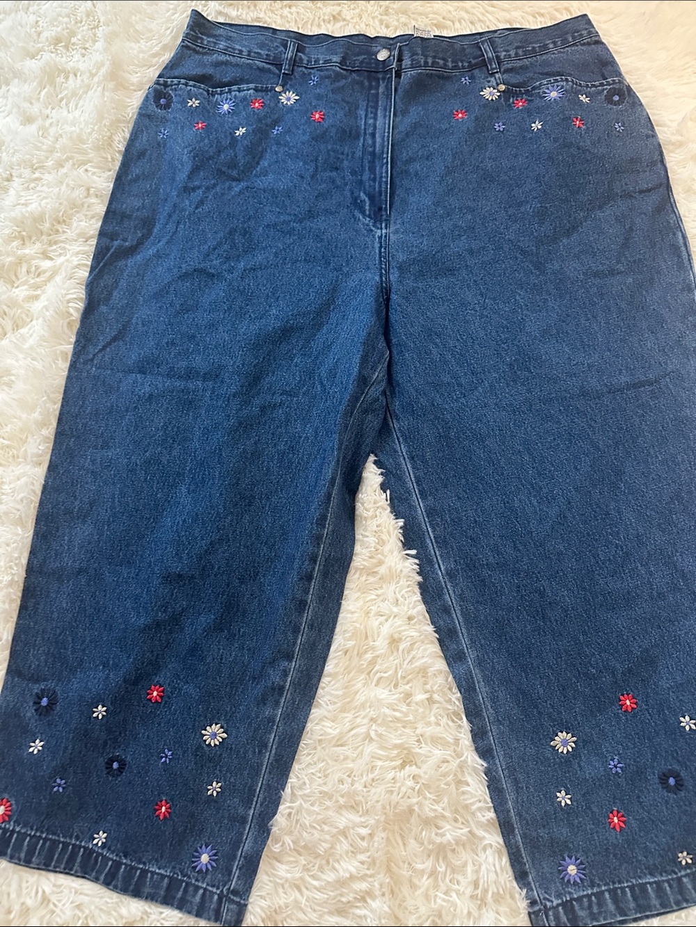bill blass Dark Blue Cropped Jeans with Red, White, and Purple Floral Embroidery
